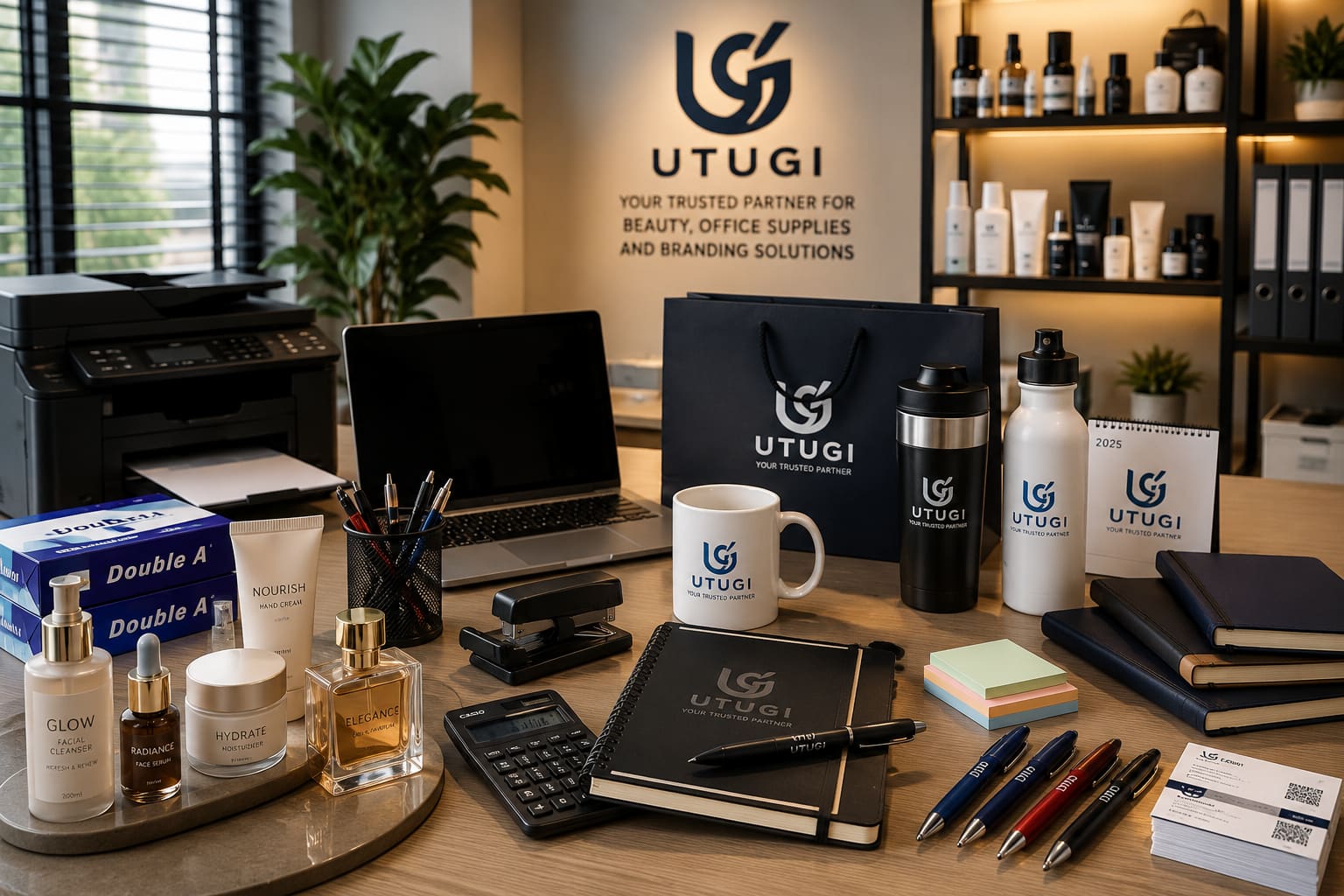 Utugi branded display of cosmetics, office supplies, and custom merchandise on an office desk